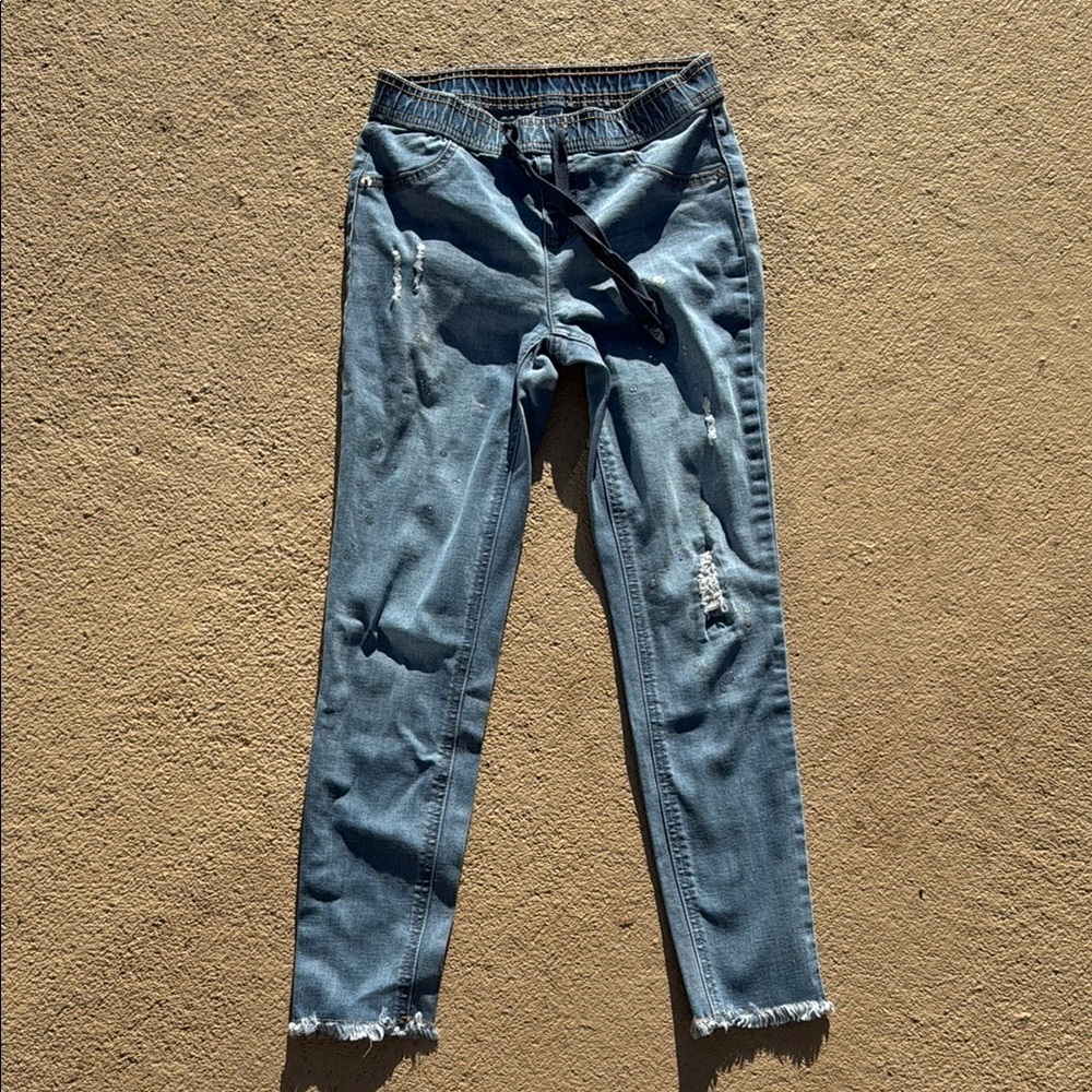 Justice girls elastic waist jeans glitter and distressed size 12